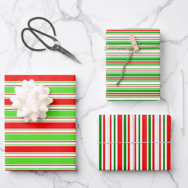 Red, White, Green Coloured Christmas Themed Lines Wrapping Paper Sheet (Front)
