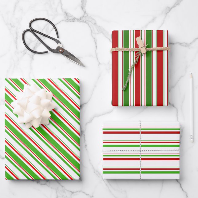 Red, White, Green Coloured Christmas Themed Lines Wrapping Paper Sheet (Front)