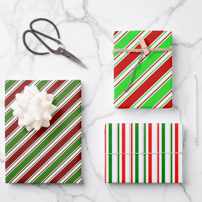 Red, White, Green Coloured Christmas Themed Lines Wrapping Paper Sheet (Front)