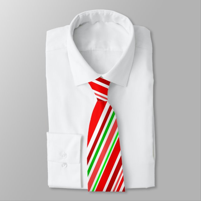 Red White Green Diagonal Candy Cane Stripes Xmas Tie (Tied)