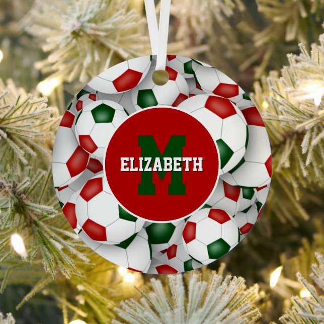 red white green festive sports personalised soccer metal tree decoration (Insitu)