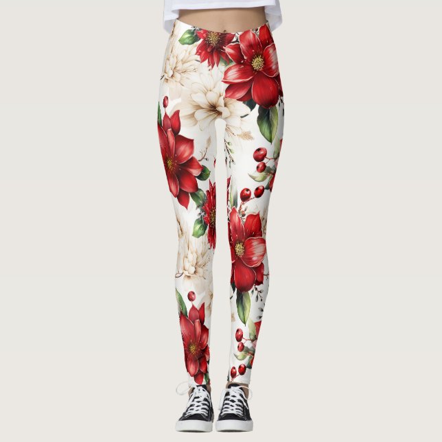 Red White Green Floral Patterns Elegant Large Chic Leggings (Front)