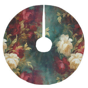 Red White Green Flowers Brushed Polyester Tree Skirt