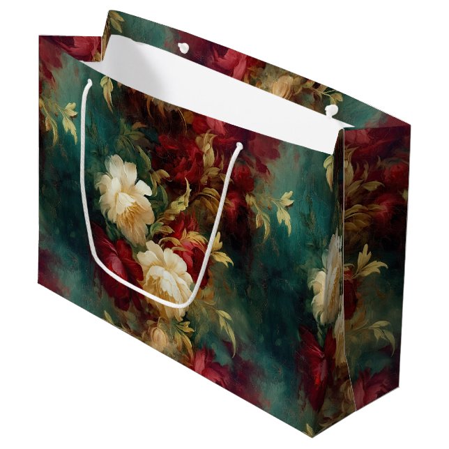 Red White Green Flowers Large Gift Bag (Front Angled)