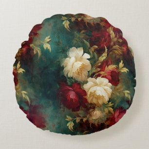 Red White Green Flowers Round Cushion