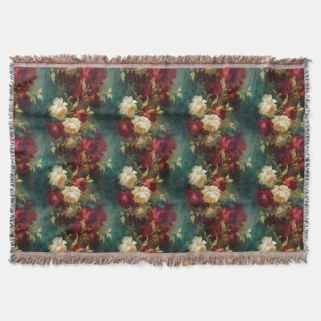 Red White Green Flowers Throw Blanket (Front)