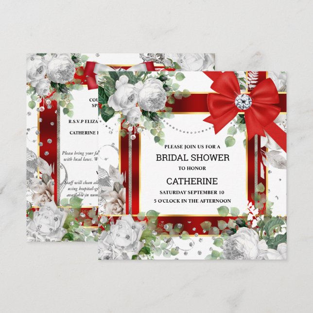 Red white green glitter bow diamond elegant chic invitation (Front/Back)