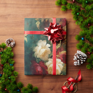 Red White Green Gold Flowers Wrapping Paper