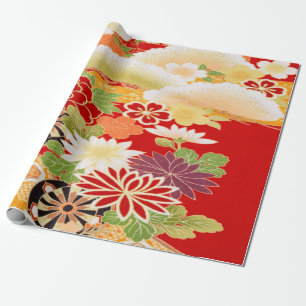 Red White Green Japanese Kimono Floral Decoupage Wrapping Paper
