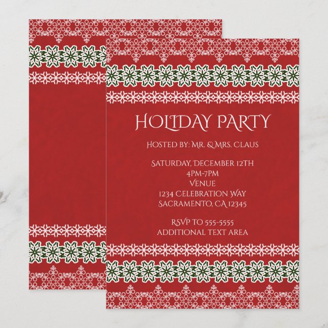 Red White & Green Lace Elegant Holiday Party Invitation (Front/Back)