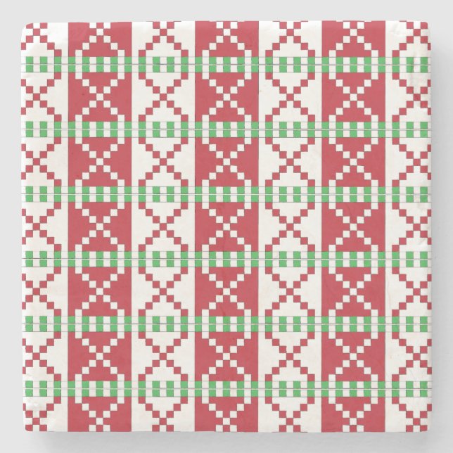 Red, white, green Latvian Latgale Ethnic Folk art Stone Coaster (Front)