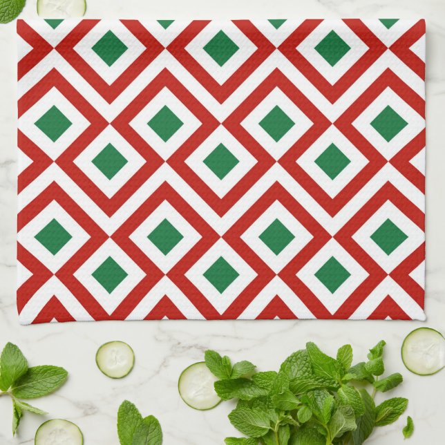 Red, White, Green Meander Tea Towel (Folded)