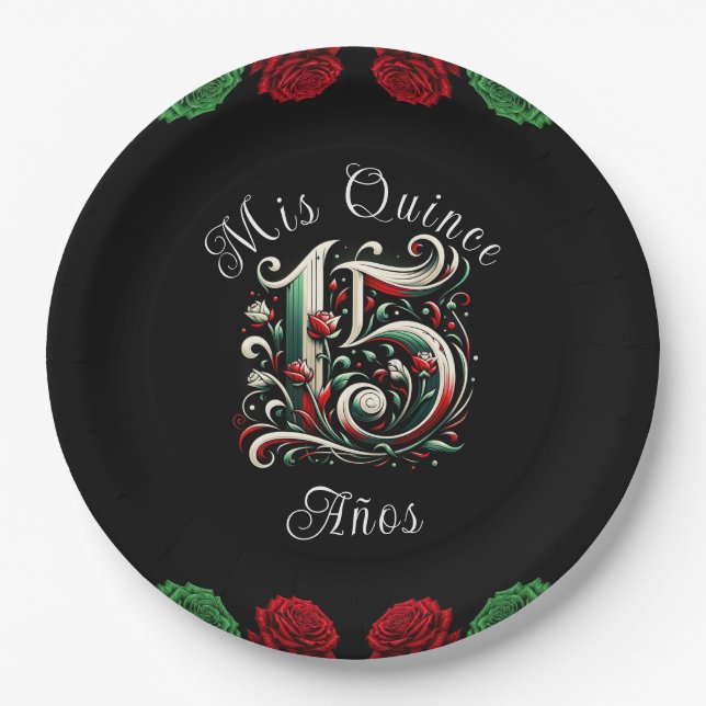 Red White Green Mis Quince Anos 15 Quinceañera Paper Plate (Front)