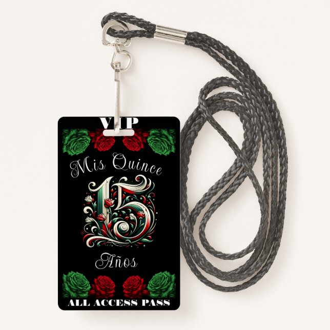 Red White Green Mis Quince Anos 15 Quinceañera VIP ID Badge (Front with Lanyard)
