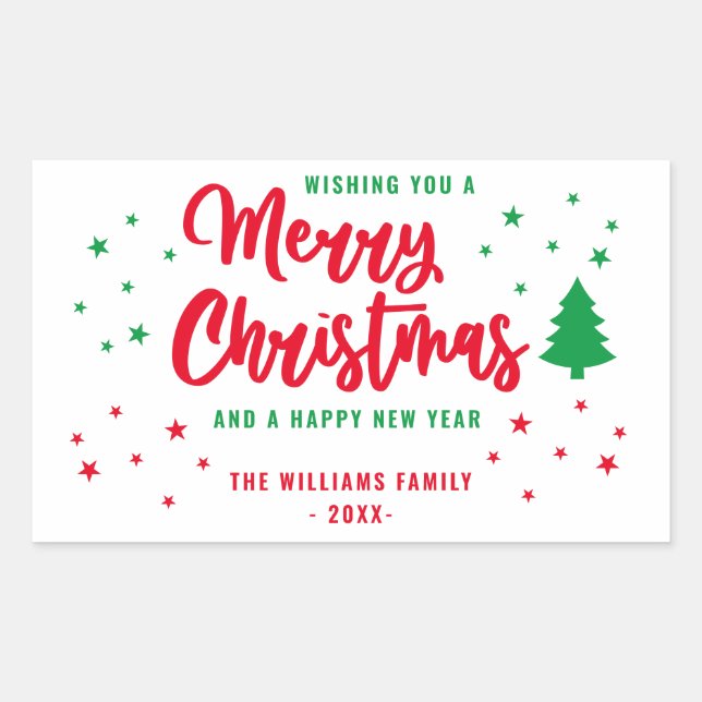 Red White Green Non Photo Family Merry Christmas Rectangular Sticker (Front)