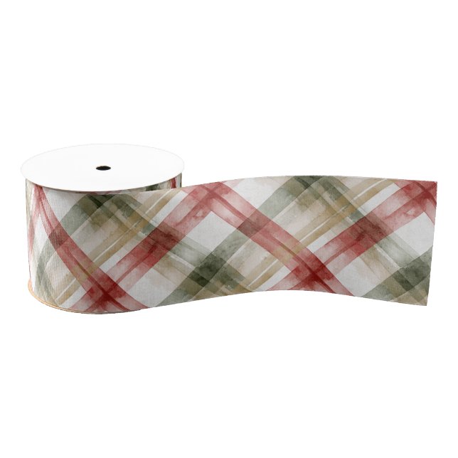 Red White Green Plaid Stripes Christmas Grosgrain Ribbon (Spool)
