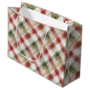 Red White Green Plaid Stripes Christmas Large Gift Bag