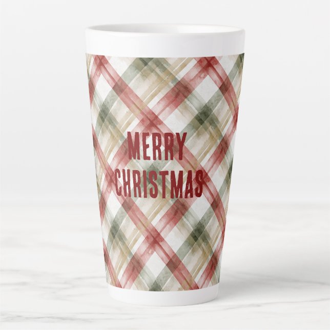 Red White Green Plaid Stripes Christmas Latte Mug (Front)