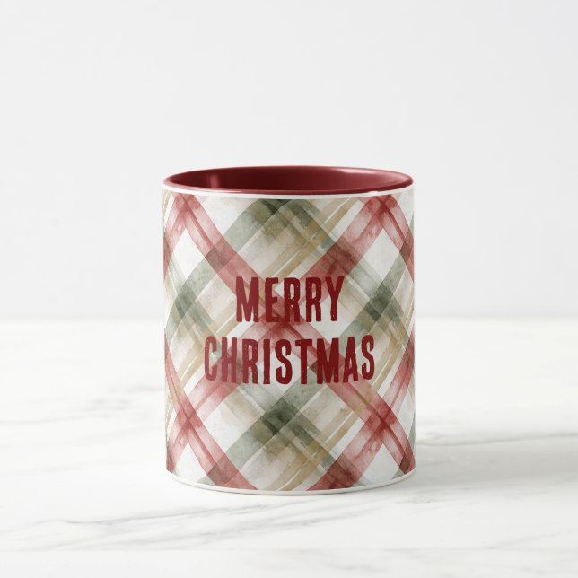 Red White Green Plaid Stripes Christmas Mug (Center)