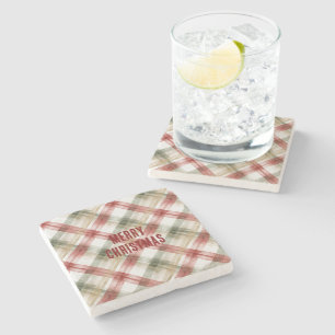 Red White Green Plaid Stripes Christmas Stone Coaster