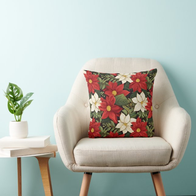 Red White Green Poinsettia Flowers Pattern Cushion (Chair)