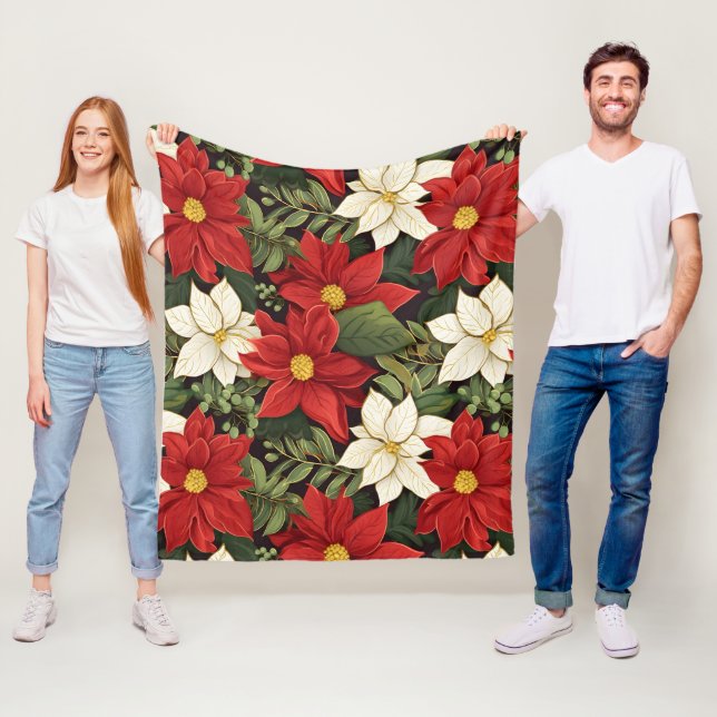 Red White Green Poinsettia Flowers Pattern Fleece Blanket (In Situ)