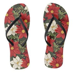 Red White Green Poinsettia Flowers Pattern Flip Flops
