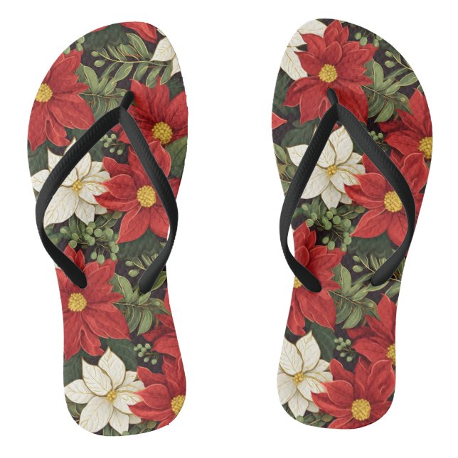 Red White Green Poinsettia Flowers Pattern Flip Flops (Footbed)