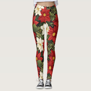 Red White Green Poinsettia Flowers Pattern Leggings