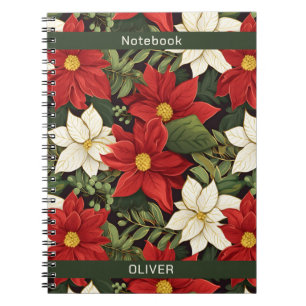 Red White Green Poinsettia Flowers Pattern name Notebook