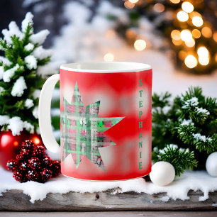 Red white green script name tartan festive star coffee mug