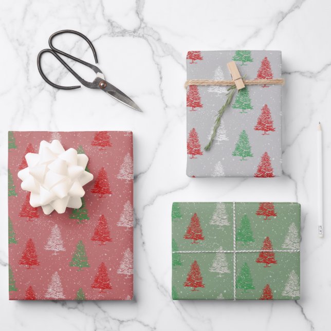 Red White Green Small Christmas Trees Forest Wrapp Wrapping Paper Sheet (Front)