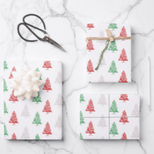 Red White Green Stamped Small Christmas Trees Wrapping Paper Sheet