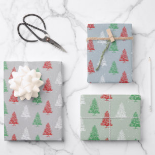 Red White Green Stamped Snowy Christmas Trees Wrapping Paper Sheet