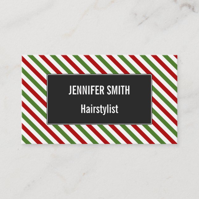 Red, White & Green Striped Pattern Business Card (Front)