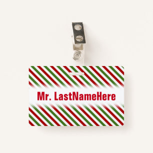 Red, White & Green Striped Pattern + Teacher Name ID Badge