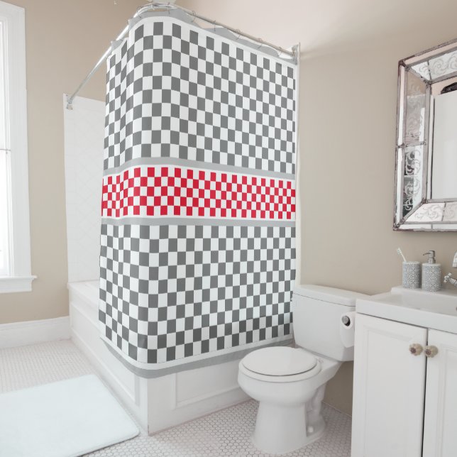 Red White Grey Chequered Shower Curtain (In Situ)