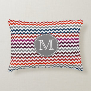 Red White Grey Chevron Zigzag Monogram Decorative Cushion