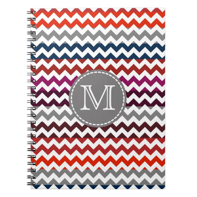 Red White Grey Chevron Zigzag Monogram Notebook (Front)