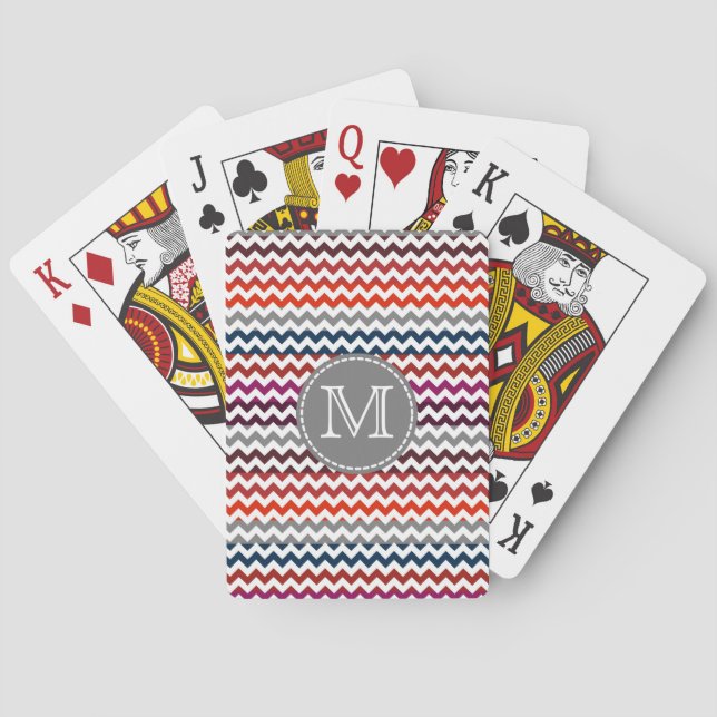 Red White Grey Chevron Zigzag Monogram Playing Cards (Back)