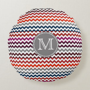 Red White Grey Chevron Zigzag Monogram Round Cushion