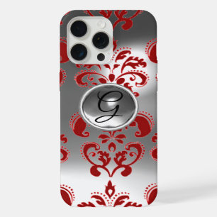 RED WHITE GREY DAMASK GEMSTONE MONOGRAM Floral iPhone 15 Pro Max Case