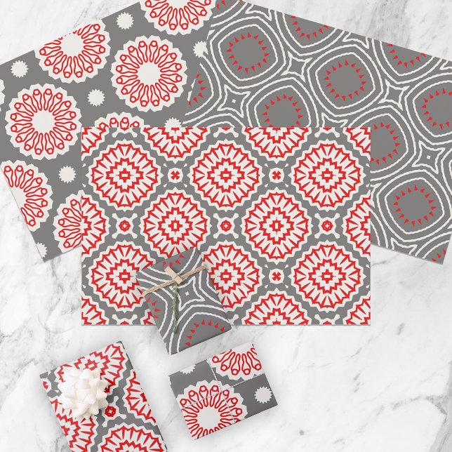 Red White Grey Ethnic Mosaic Geometric Patterns Wrapping Paper Sheet (Creator Uploaded)