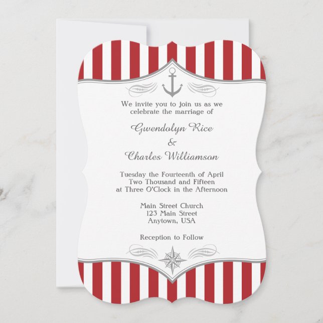 Red White Grey Nautical Wedding Invitation (Front)