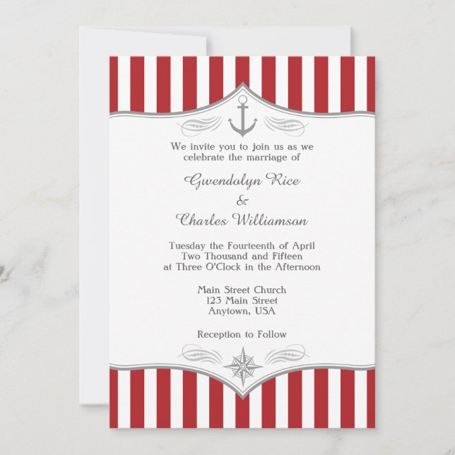 Red White Grey Nautical Wedding Invitation (Front)