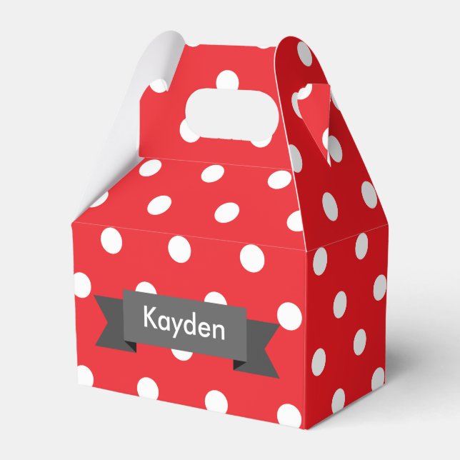 Red White Grey Polka Dot Custom Name Favour Box (Front Side)