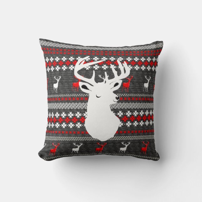 Red White Grey Stag Deer Trendy Modern Pillows (Front)