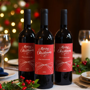 Red white hand-drawn bow Christmas Wine Label