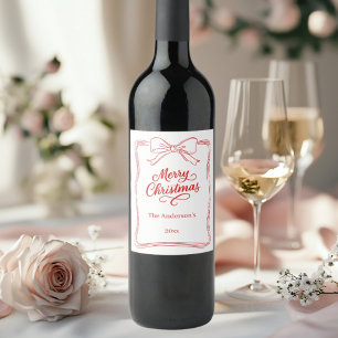 Red white hand-drawn bow Christmas Wine Label