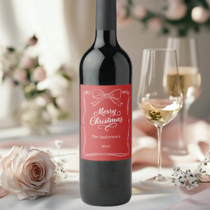 Red white hand-drawn bow Christmas Wine Label